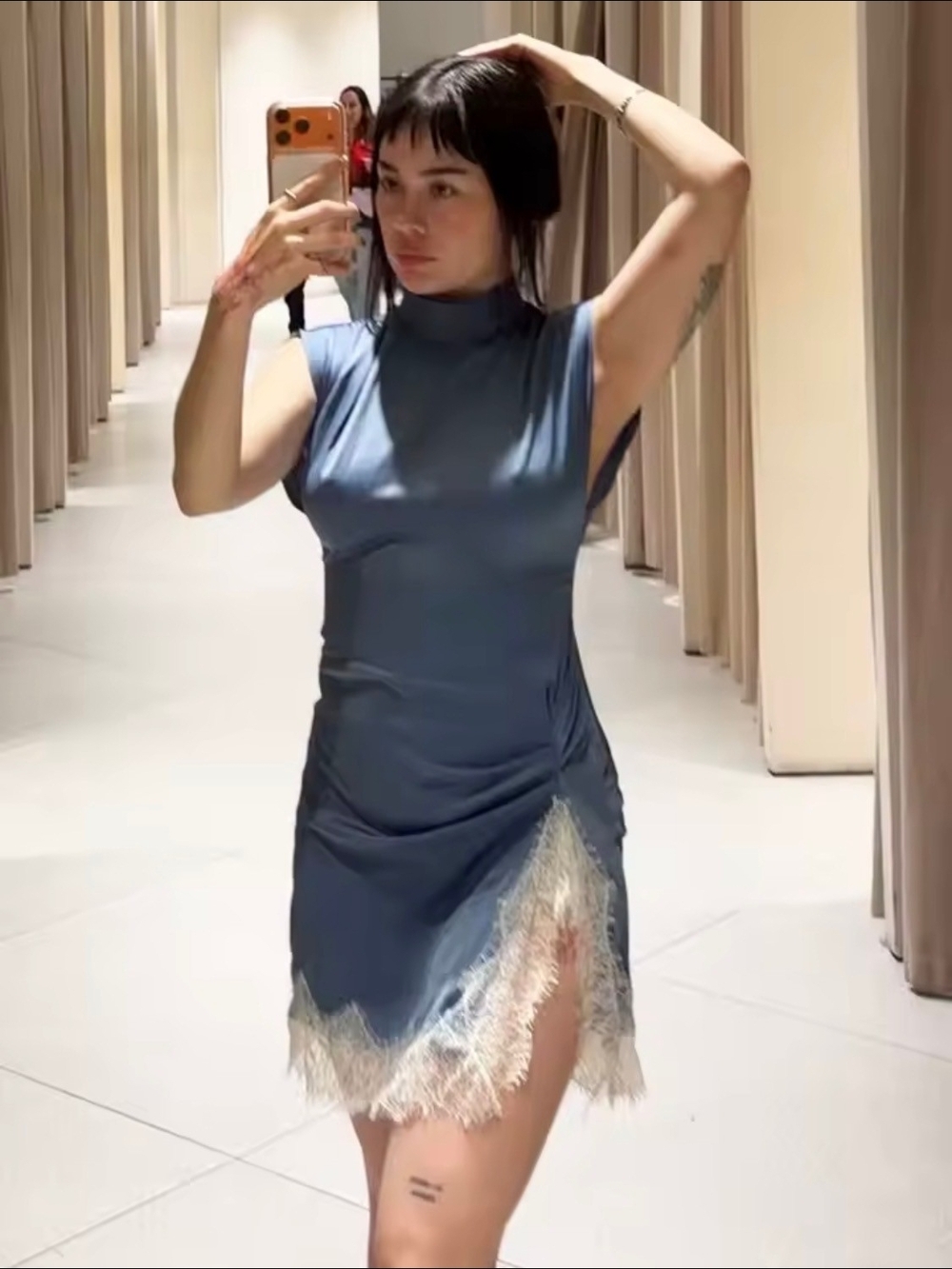 Zara Dusty Blue Slip Dress with Cream Lace Trim